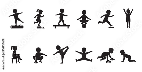 A diverse collection of black silhouettes of children engaged in various active poses and movements, showcasing play and exercise.