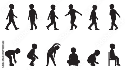 A collection of black silhouettes of young children in various poses and actions, set against a clean white background, ideal for educational or design purposes.