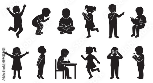 Collection of black silhouettes of children in various active and contemplative poses on a white background, representing diverse childhood activities and emotions.