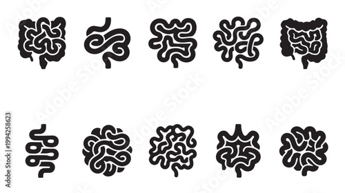 Collection of stylized black and white icons representing human intestines and digestive system organs, ideal for medical and health-related content.