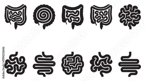 Collection of black and white stylized icons depicting various representations of intestines and the digestive system, suggesting internal anatomy and health.
