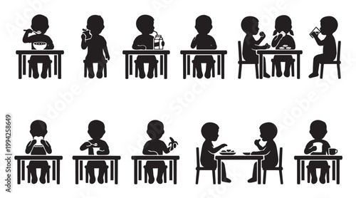 Diverse group of children eating different foods at tables, depicted as black silhouettes against a white background, ideal for educational and lifestyle concepts.