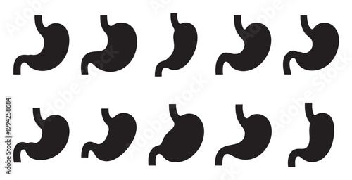 A clean, graphic collection of black stomach organ silhouettes arranged in two rows on a white background, ideal for medical and health-related concepts.