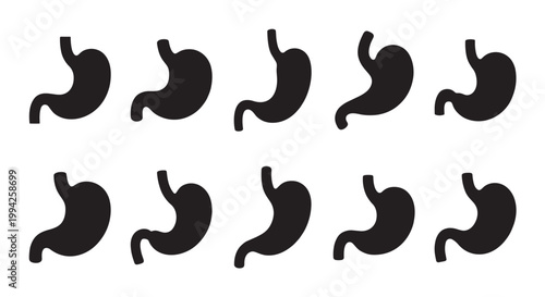 A pattern of ten black stomach icons against a white background, arranged in two rows. The simple graphic design is ideal for medical or digestive health concepts.