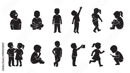 A collection of black silhouettes of diverse children in various poses and activities, including playing, thinking, and interacting, set against a clean white background.