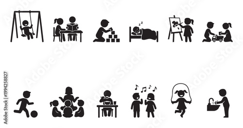 A collection of black silhouette icons depicting various childhood activities including playing, learning, sleeping, and hygiene.
