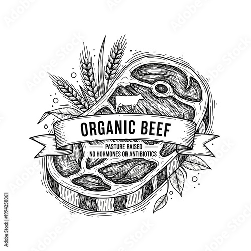 Organic Beef Steak Label with Hand Drawn Sketch Illustration