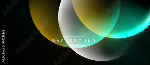 Abstract design features overlapping circles. Colors include gold, teal, white. Dark background enhances vibrant shapes, creating modern aesthetic.