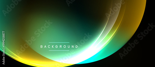Abstract background features flowing curves, vibrant colors. Gradient transitions create dynamic visual effect. Modern design element.