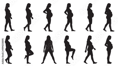 A collection of black silhouettes of pregnant women in various poses and stages of pregnancy against a clean white background, illustrating maternity and body changes.