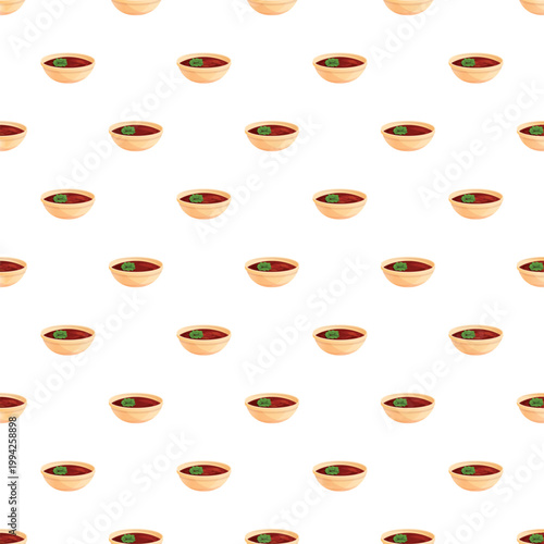 Red tomato soup bowls with green garnish repeating in a seamless pattern