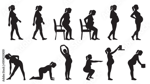 This collection of black silhouettes showcases a pregnant woman in various poses, depicting different stages and activities such as walking, sitting, and exercising.
