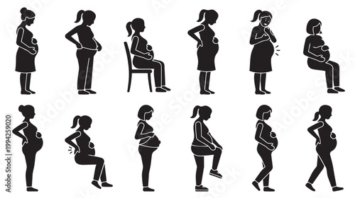 A collection of black and white silhouette illustrations showing pregnant women in various poses, representing different stages of pregnancy and activities.