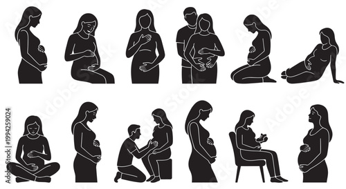 This collection features diverse black and white silhouette illustrations of pregnant women in various poses, showcasing maternity, expectation, and new life.