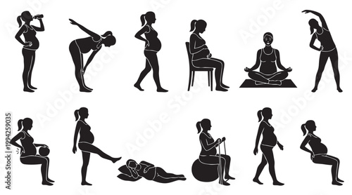 A collection of black silhouette icons depicting a pregnant woman performing various exercises, stretches, and yoga poses to promote health and wellness during pregnancy.