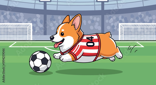 Cute corgi dog playing soccer on a green field wearing a jersey.