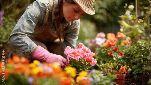 Dedicated Gardener Nurturing Bright Blooms in Vibrant Flower Bed