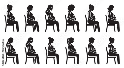Collection of diverse pregnant women silhouettes in profile view sitting on chairs, showcasing different hairstyles and embracing their bumps.