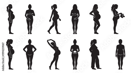 Collection of diverse black silhouettes representing pregnant women in various poses and stages of pregnancy, showcasing different activities and emotions.