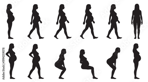 Collection of black silhouette vector illustrations depicting pregnant women in various stages and poses, including walking, standing, and squatting, on a white background.