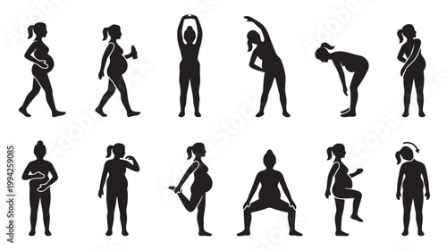 A collection of black silhouettes of pregnant women performing various exercises and stretches against a white background, ideal for illustrating prenatal fitness.