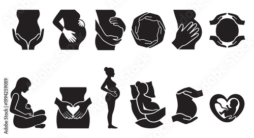 A collection of black and white silhouette icons illustrating pregnancy, featuring pregnant women in various poses and hand gestures, symbolizing love and protection.