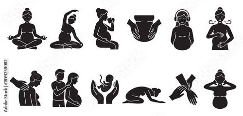 A collection of black silhouette icons depicting various aspects of pregnancy health, including yoga, massage, and infant care, suitable for medical or wellness themes.