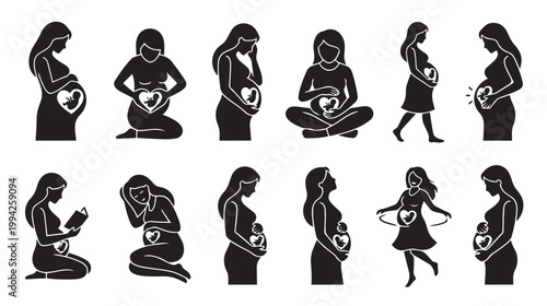 Collection of black and white silhouette illustrations showing pregnant women in different poses, highlighting their growing bellies and developing fetuses.