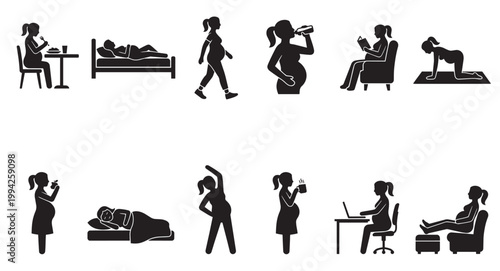 Collection of black silhouette icons depicting a pregnant woman engaged in various daily activities like eating, sleeping, working, and exercising.