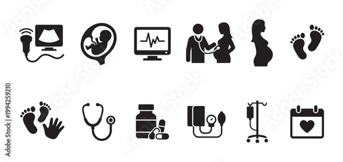A collection of simple black vector icons representing various aspects of pregnancy, childbirth, and healthcare, including ultrasound, fetus, doctor, and baby footprints.