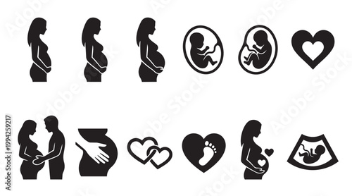 A collection of black silhouette icons illustrating pregnancy stages, a fetus in utero, ultrasound, and symbolic hearts, perfect for medical or family planning themes.