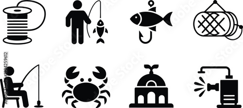 Black silhouette icons representing fishing crabbing and related equipment