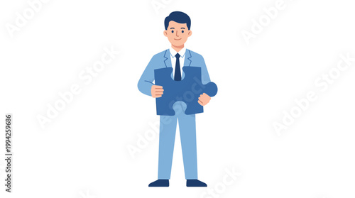 Business person solving complex problems. A man in a suit standing and holding a large puzzle piece.