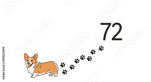 Cute Corgi Dog with Paw Prints and Number 72.