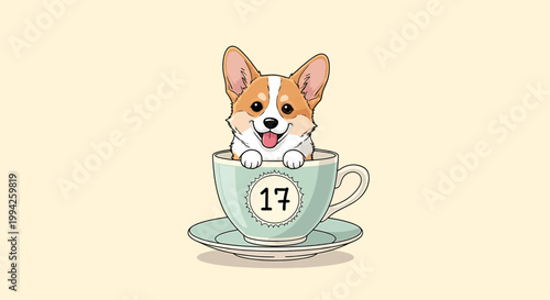 Cute corgi puppy peeking out of a teacup with number 17.