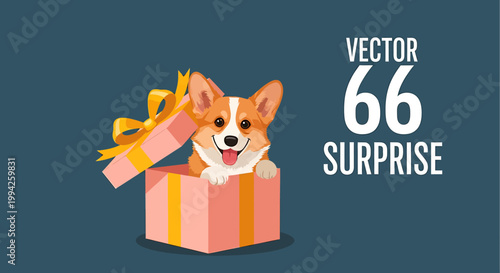 Cute corgi puppy popping out of a surprise gift box with a yellow ribbon.