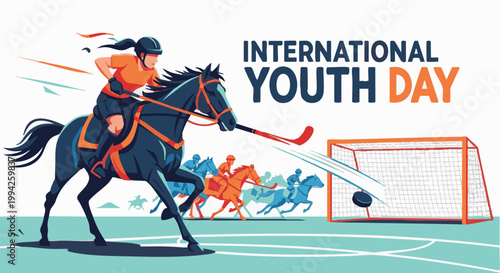 Bild auf Leinwand Horseback rider playing polo on International Youth Day in vibrant colorful dyna