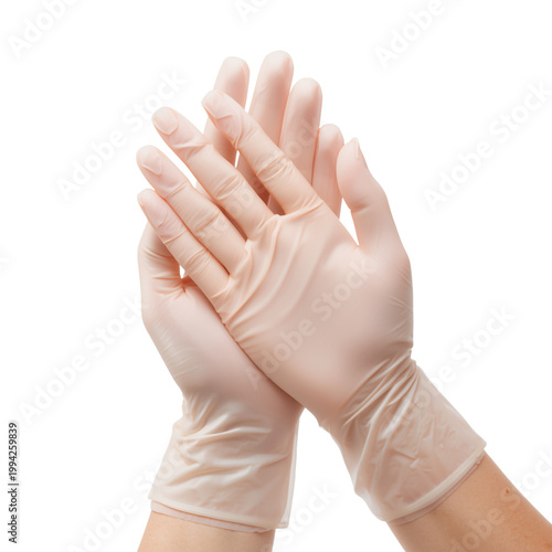 Hands Wearing protective clear rubber gloves preparing for medical or food work