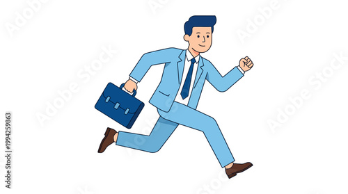 Business person running and rushing to work. A man in a suit hurrying forward with a briefcase.