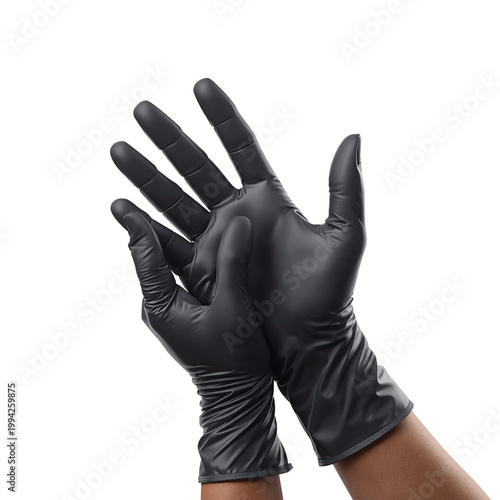 Hands wearing black latex rubber gloves for hygiene and protection