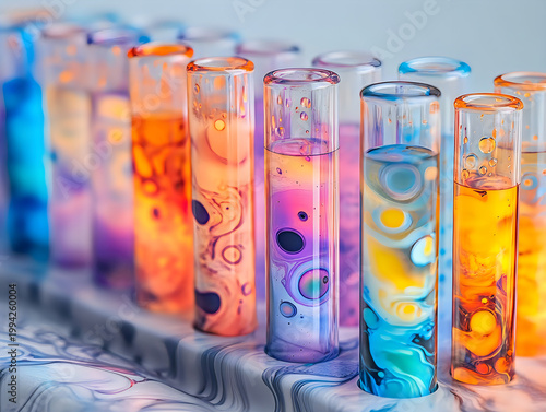 Colorful Liquid Reactions in Test Tubes Abstract Swirls Science Research Laboratory Equipment Shallow Depth of Field