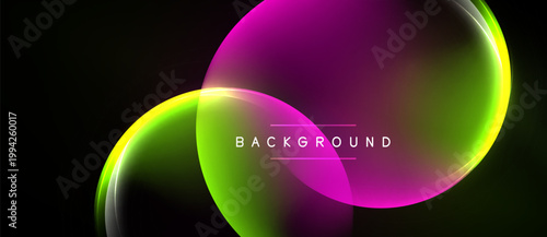 Abstract design features vibrant overlapping layers. Pink, green hues create dynamic visual effect. Text reads BACKGROUND. Dark backdrop enhances color contrast.