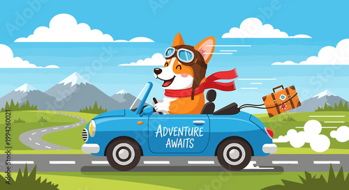 Happy Corgi Dog Driving Blue Convertible Car on an Adventure Trip.
