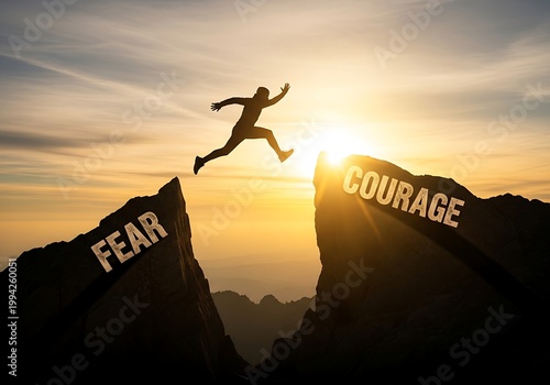 Silhouette of a person jumping across a mountain gap from fear to courage during a golden sunset