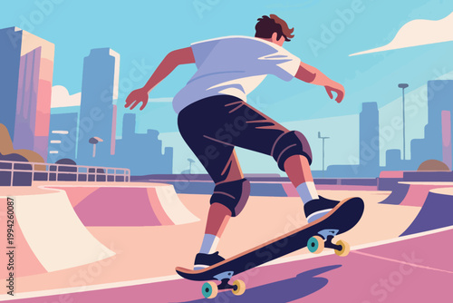 Illustration Of A Skateboarder's Dynamic Action At A Public Skateboard Park Vector Design Template