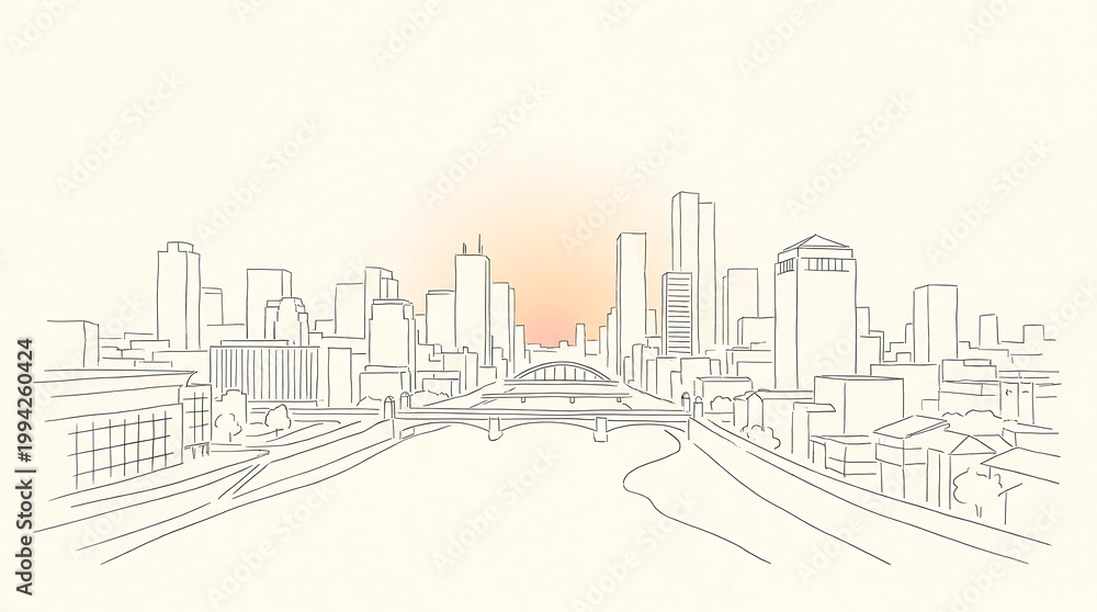 Obraz premium Minimalist hand drawn city skyline illustration with river and sunset