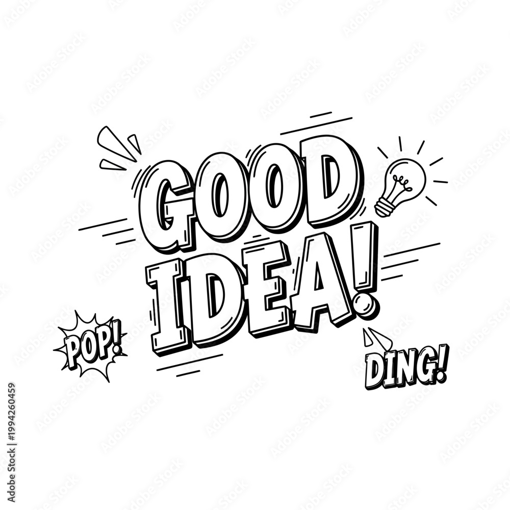 Fototapeta premium Comic Style Good Idea Typography with Lightbulb Icon