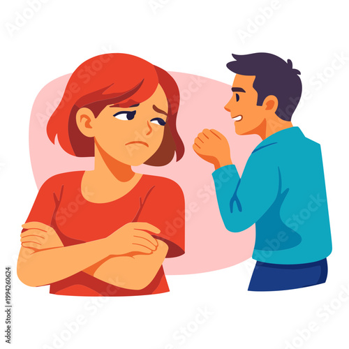 Woman crosses her arms as man gestures and speaks to her.