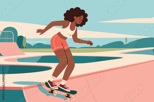 Illustration Of A Woman Skating On A Track In A Skate Park Using A Skateboard Vector Design Template