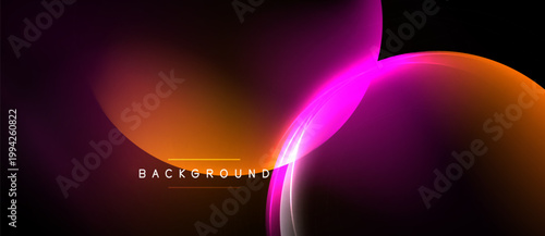 Abstract background features vibrant overlapping shapes. Colors blend from pinks, oranges, yellows into dark space. Modern design element.